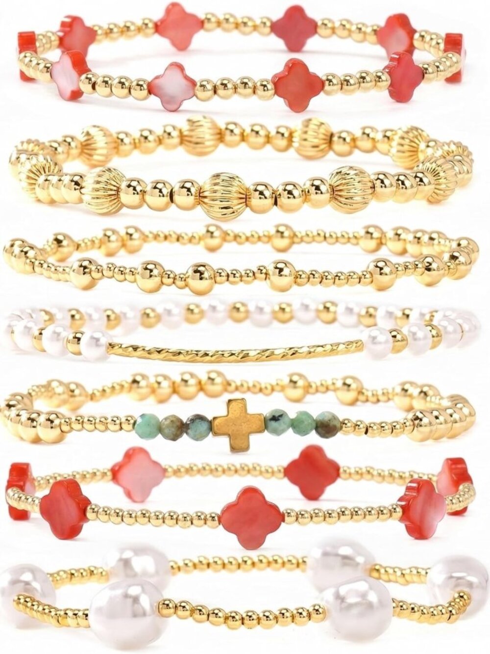Dainty Gold Beaded Pearl Bracelet Stack for Women | Handmade Boho Stretch